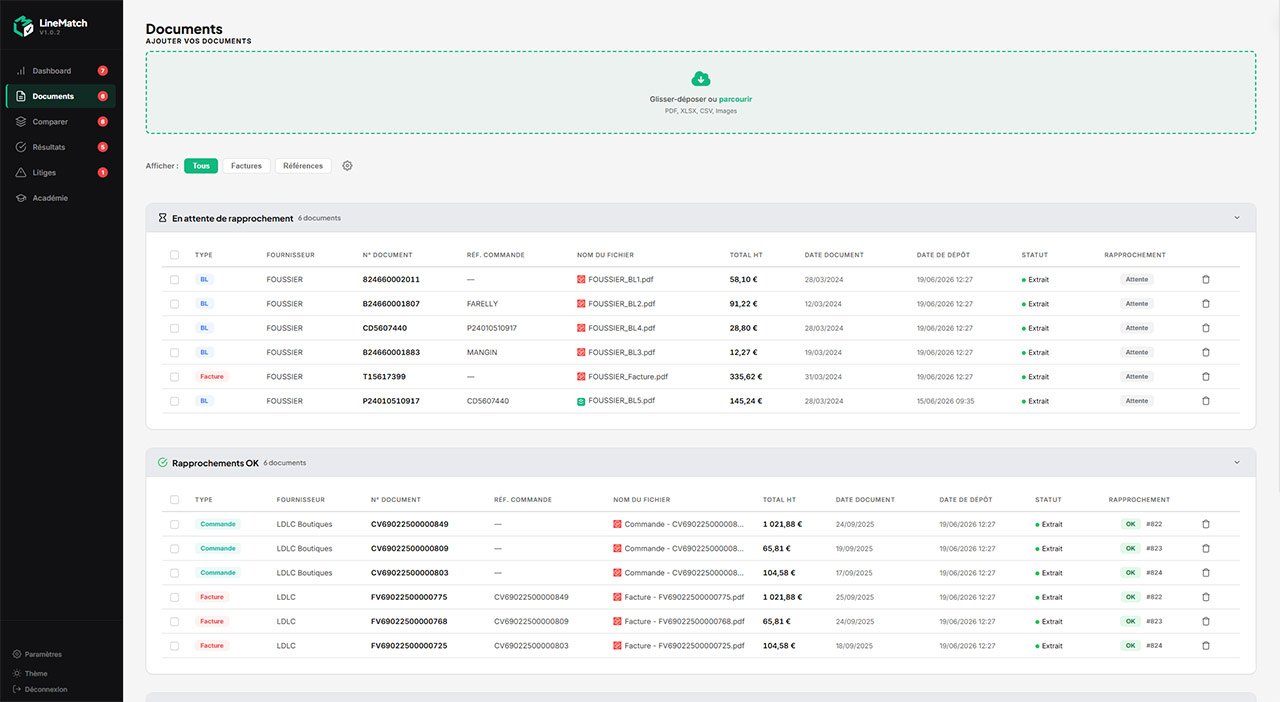 Import des documents dans LineMatch